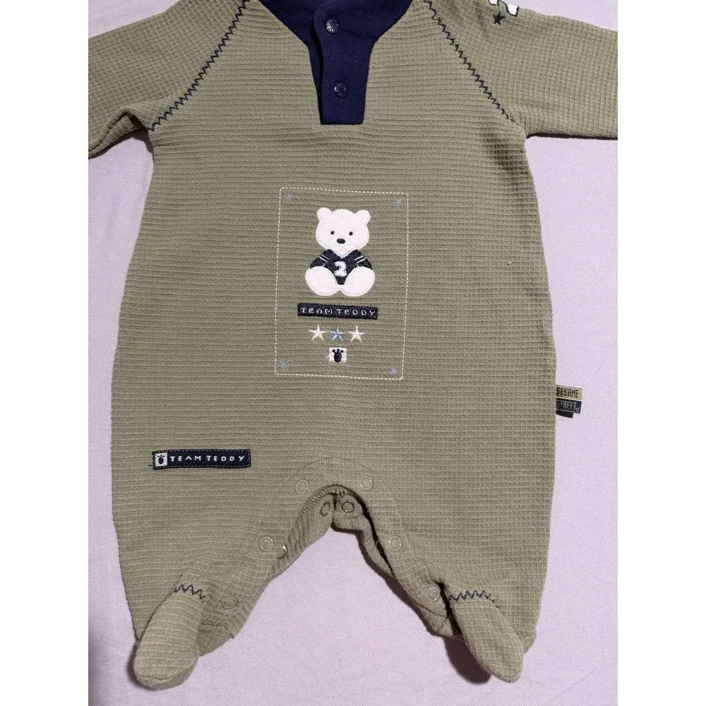 sesame street 'team teddy' bear, green blue baby‎ one piece, 0-3 months